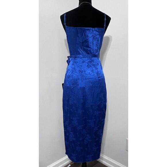 Lulus Royal Blue Satin Floral Jacquard Midi Wrap Dress NWT Small - Picture 9 of 15